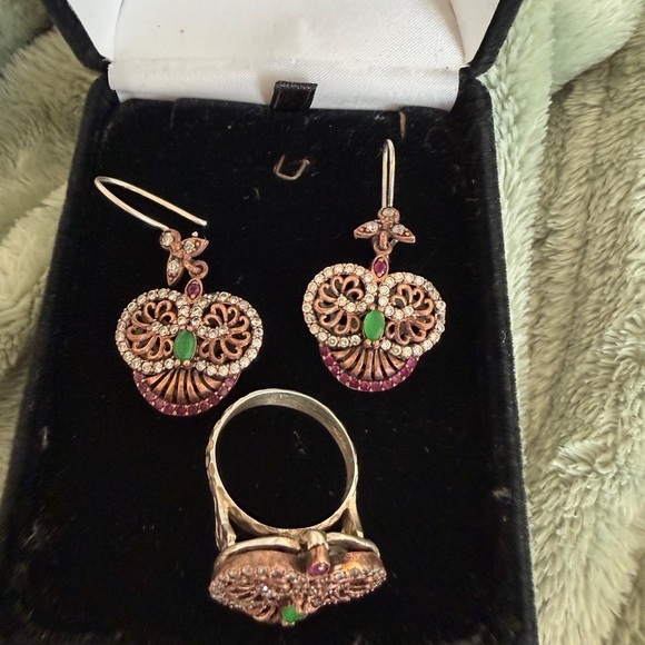 925 Sterling Silver Jewelry - Antique Sterling Silver Owl Earrings and Ring Set with rubies and emerald